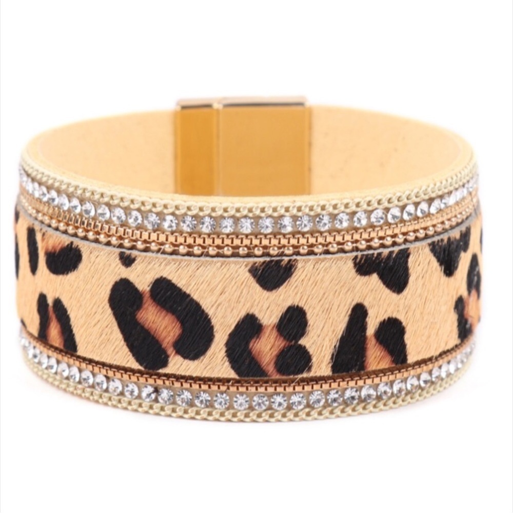 BROWN and tan animal print faux suede clasp bracelet with silver faux diamond